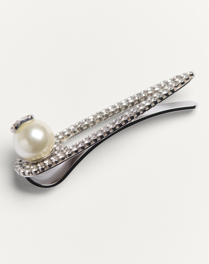 Valentino Handbags Fermacravatta Vlogo Signature In Metallo Con Cristalli E Perla Swarovski® per Uomo in Palladio/crema/crystal | Valentino IT 2025