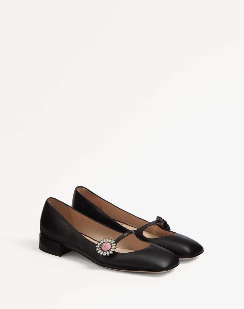Valentino Handbags Ballerina Mary-jane Preshoes In Capretto Con Bottone Gioiello 20mm per Donna in Nero/rosa | Valentino IT In Vendita