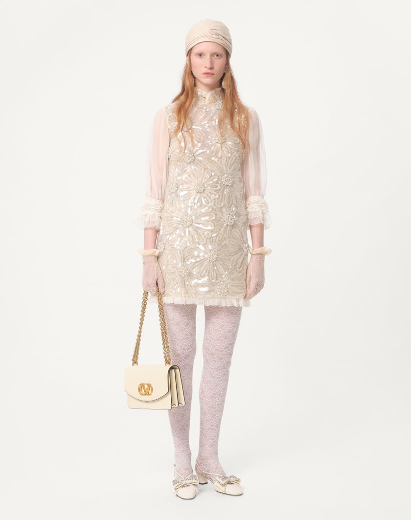 Valentino Handbags Abito Corto In Organza Ricamato per Donna in Grigio Perla | Valentino IT Qualità