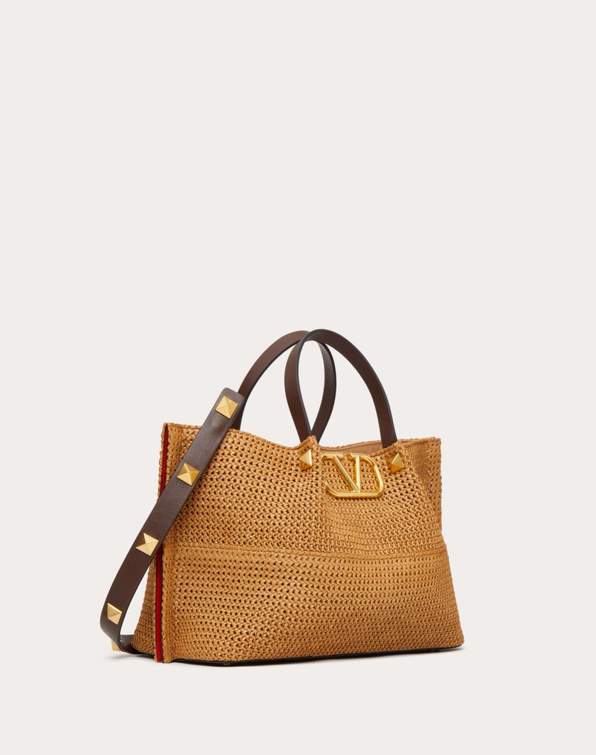 Valentino Handbags Borsa Shopping Media In Rafia Sintetica per Donna in Biscotto/cioccolato | Valentino IT Nuova