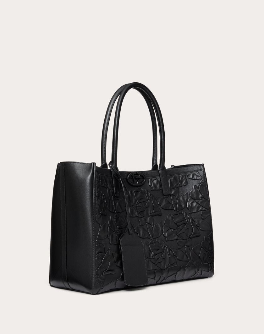 Valentino Handbags Borsa Shopping Media Vlogo Locker Tote In Pelle Con Rose Ricamate per Donna in Nero | Valentino IT Italy
