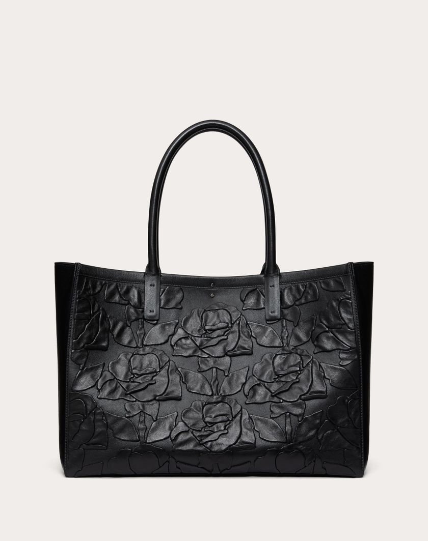Valentino Handbags Borsa Shopping Media Vlogo Locker Tote In Pelle Con Rose Ricamate per Donna in Nero | Valentino IT Italy