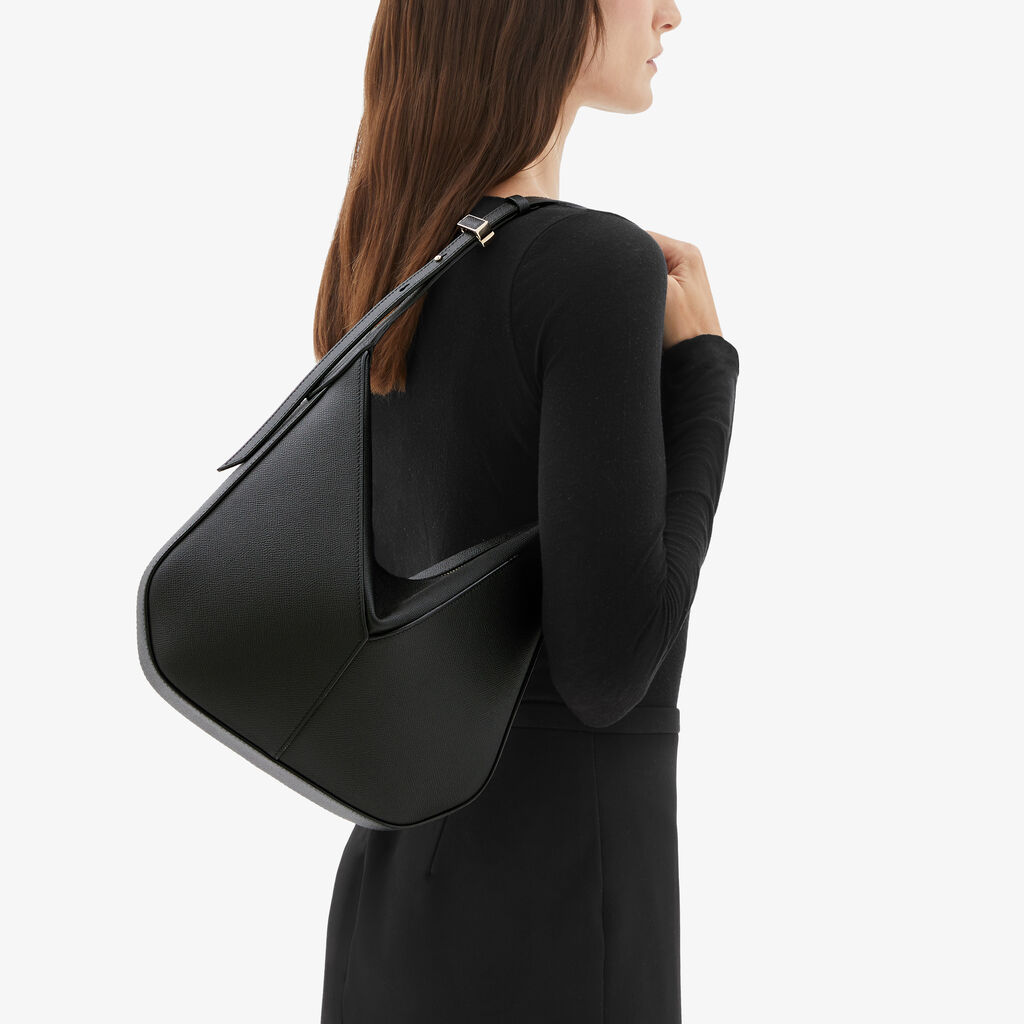 Valextra Borsa Hobo Vivi Mini | Pelle di vitello Millepunte Soft | Nero | Valextra In Saldo