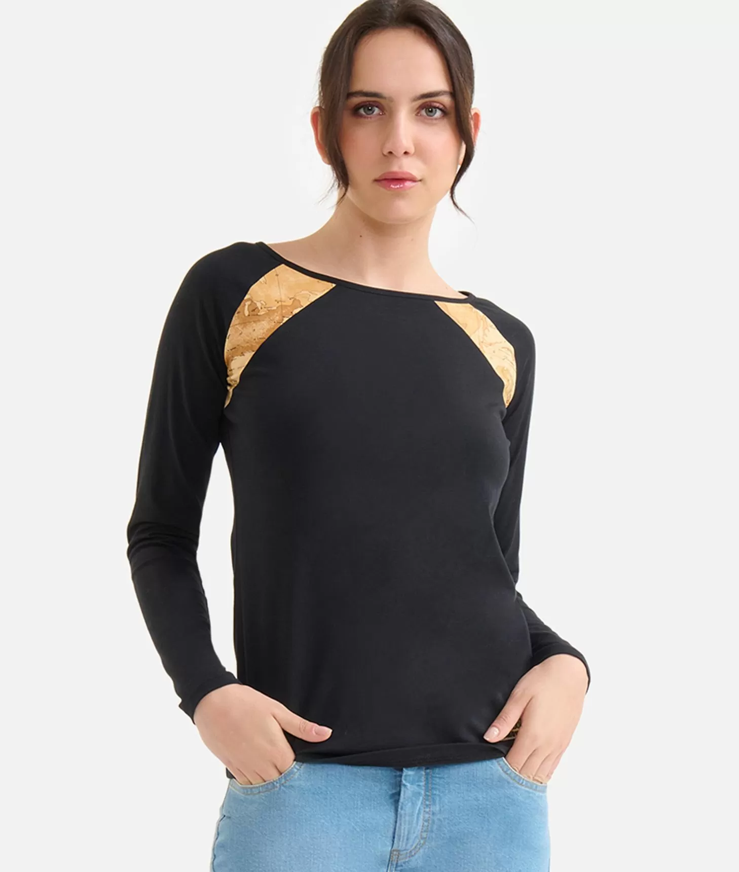 Alviero martini 1a classe T-shirt a maniche lunghe in jersey di cotone stretch con spicchi Geo Classic Nera Offerta San Valentino