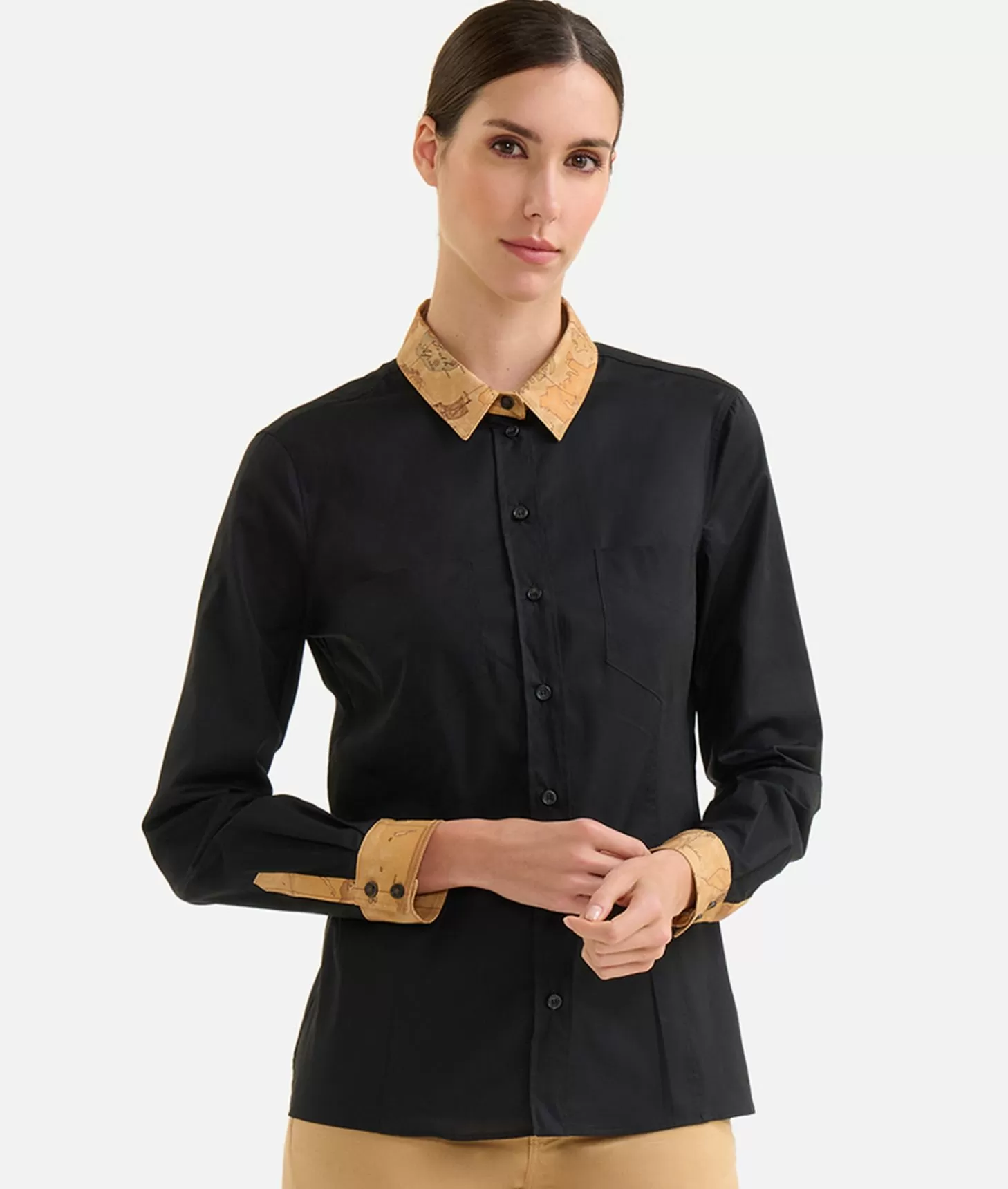 Alviero martini 1a classe Camicia in popeline di cotone stretch con dettagli Geo Classic Nera Offerte