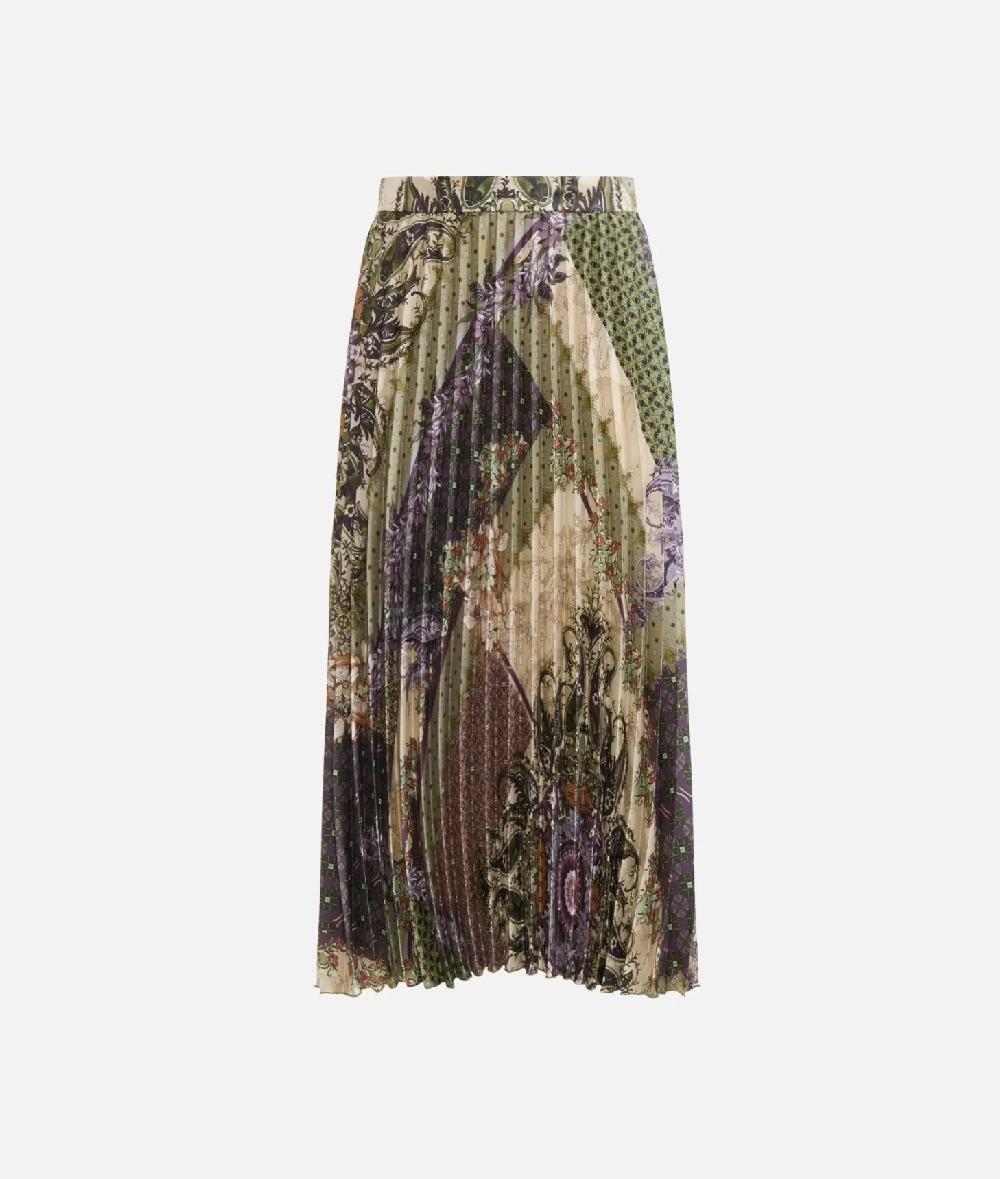 Alviero martini 1a classe Gonna plissé in twill stampa Geo Patchwork Foulard Verde Nuovo