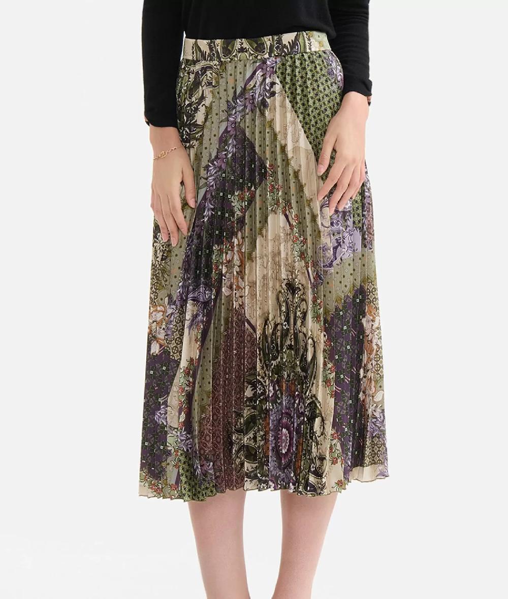 Alviero martini 1a classe Gonna plissé in twill stampa Geo Patchwork Foulard Verde Nuovo
