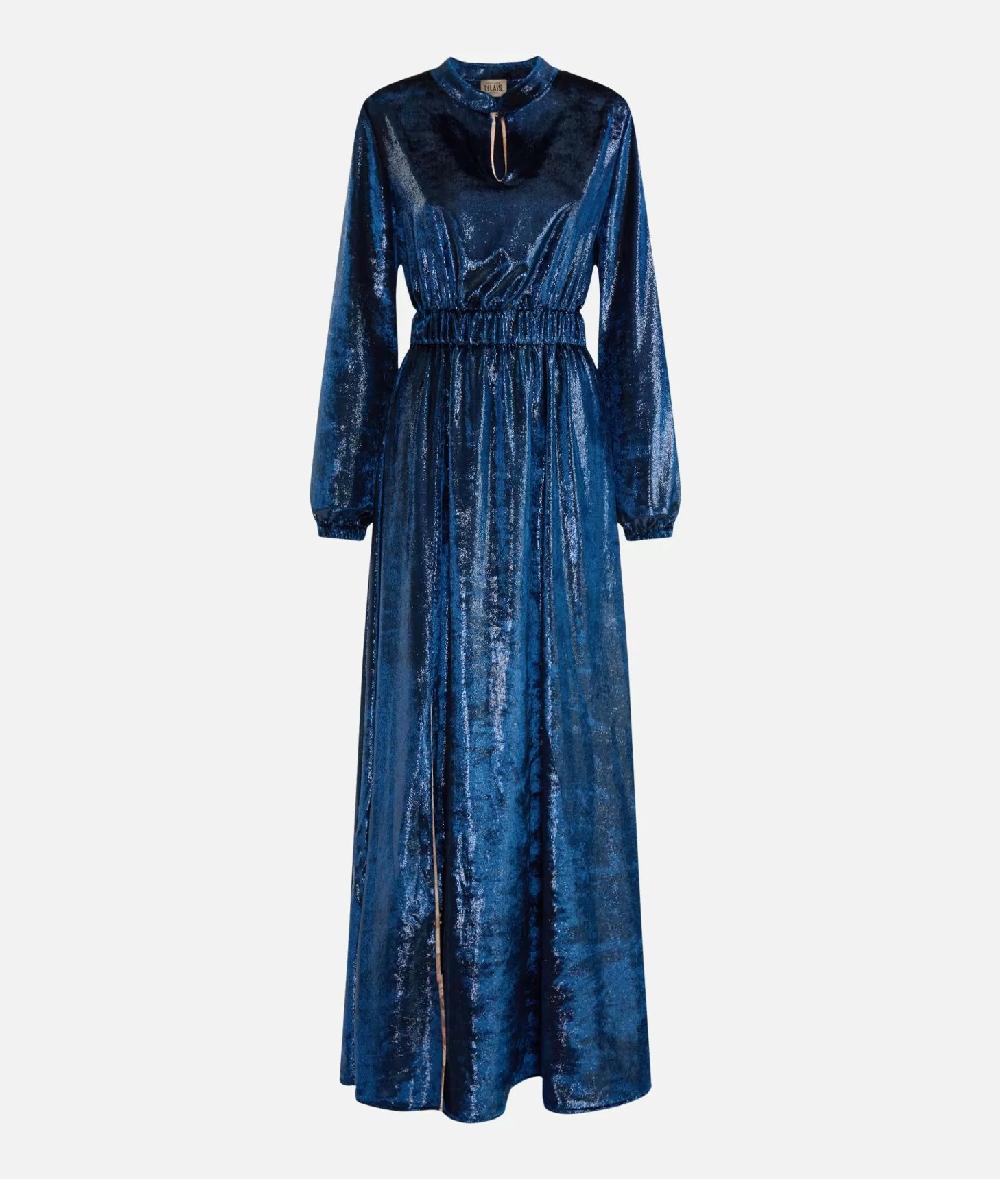 Alviero martini 1a classe Abito lungo in velluto lurex special Blu di Prussia Nuovo