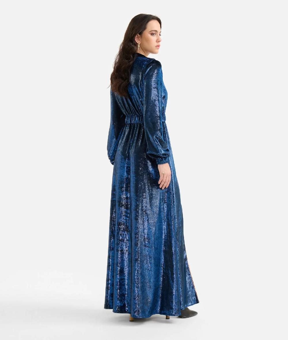 Alviero martini 1a classe Abito lungo in velluto lurex special Blu di Prussia Nuovo