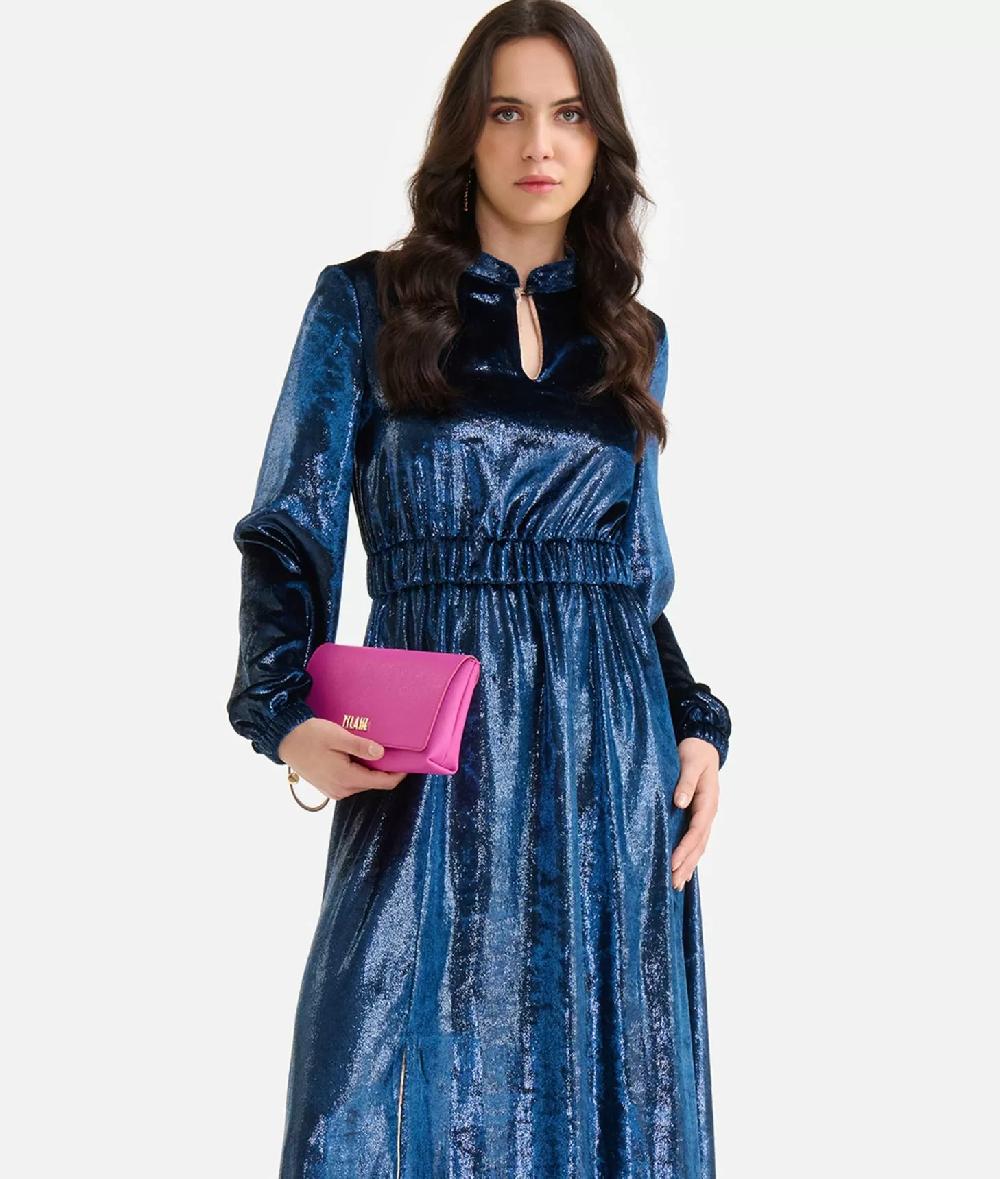 Alviero martini 1a classe Abito lungo in velluto lurex special Blu di Prussia Nuovo